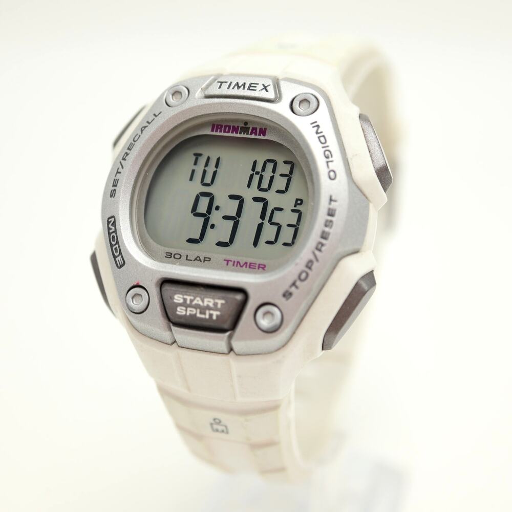 Timex Ironman 37mm Digital Watch White Gray Alarm Chrono with New Battery